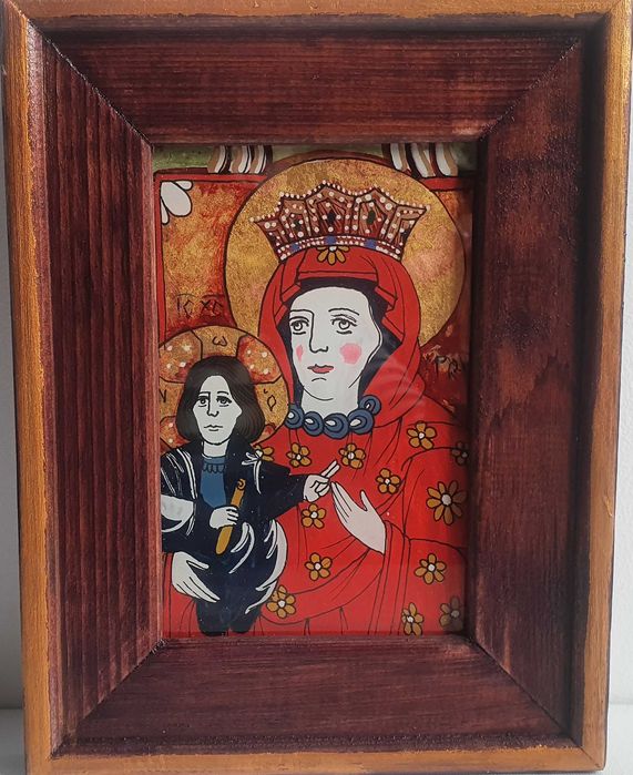 Icoana sticla Maica Domnului cu prunc, foita aur , pt patul copilului