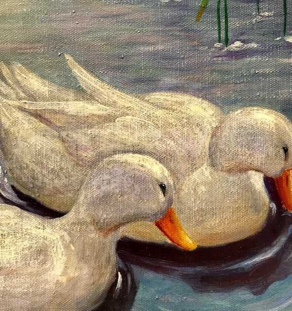 ”Rațe pe baltă” Tablou F VECHI de calitate ulei/pânză, semnat, 60x50cm
