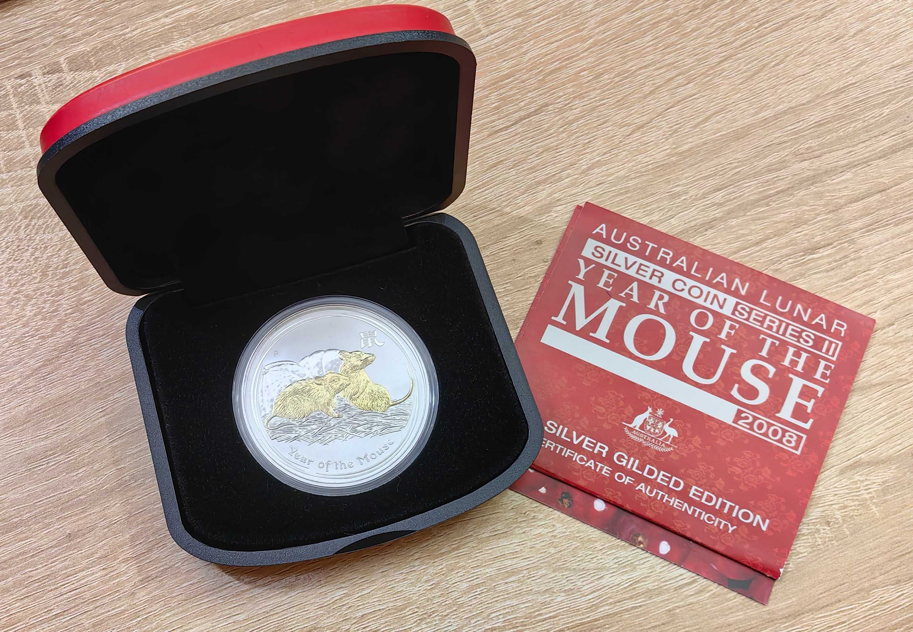 Сребро 1 oz Годината на Мишката 2008 Лунар Австралия с позлата