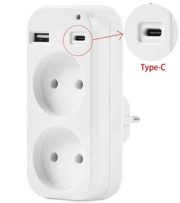 Къмпинг Захранващ Разклонител USB Женско USB Type-C 220V 10A 5V 2.1A