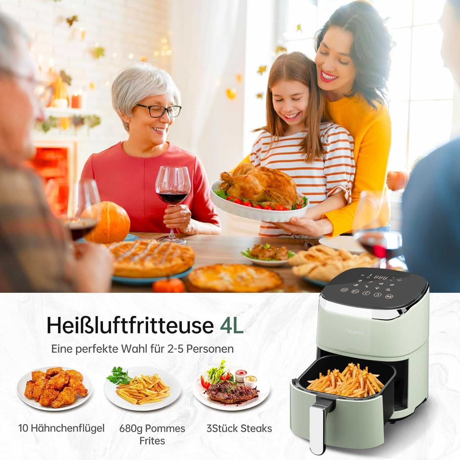 FABULETTA Air Fryers 4L, 1680W, 9 програми, цифров дисплей, ПРОМОЦИЯ
