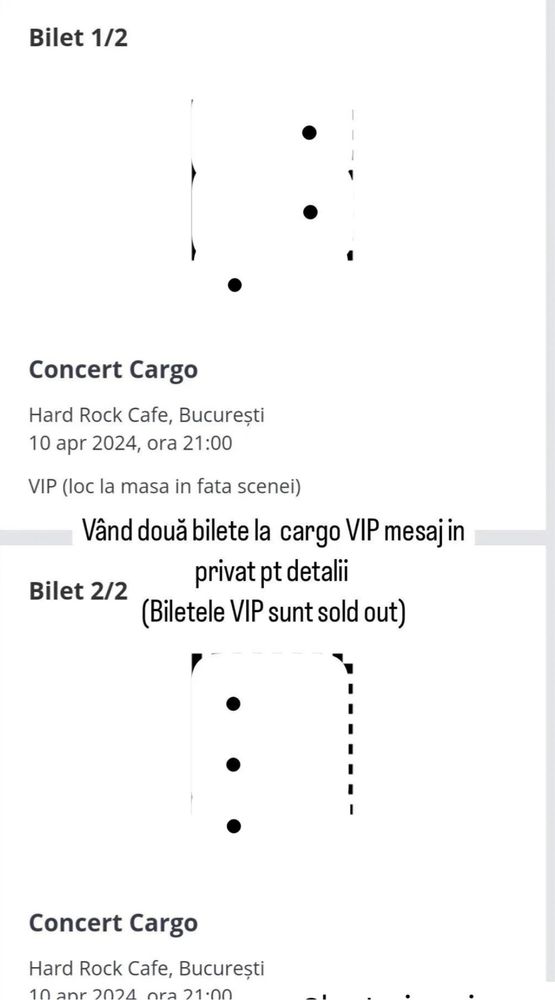 Vând urgent 2 bilete la VIP Cargo, la hard rock cafe