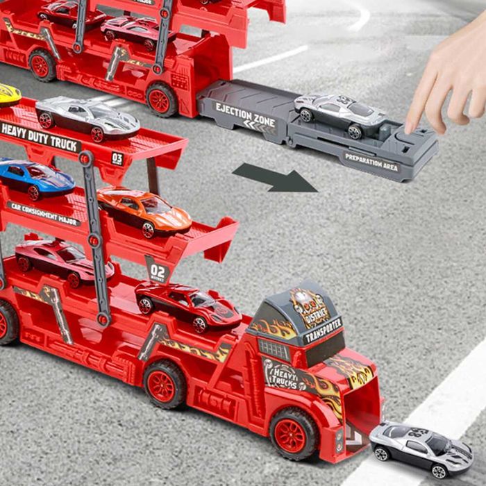 Автовоз 3 нива с 6 коли, камион изстрелващ колички писти камиони