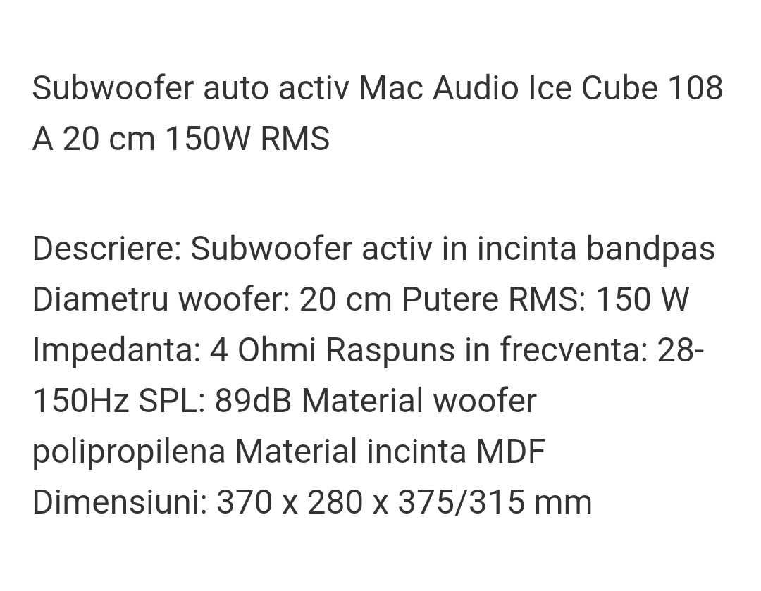 Subwoofer auto activ Mac Audio