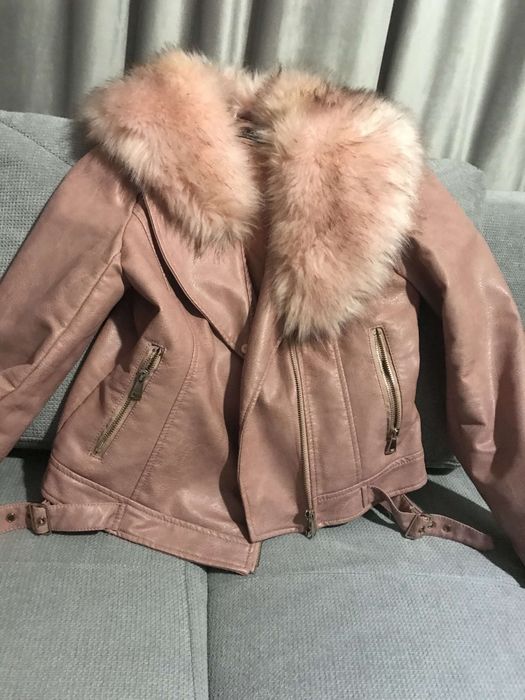 Geaca piele eco cu blana, culoare roz pudră