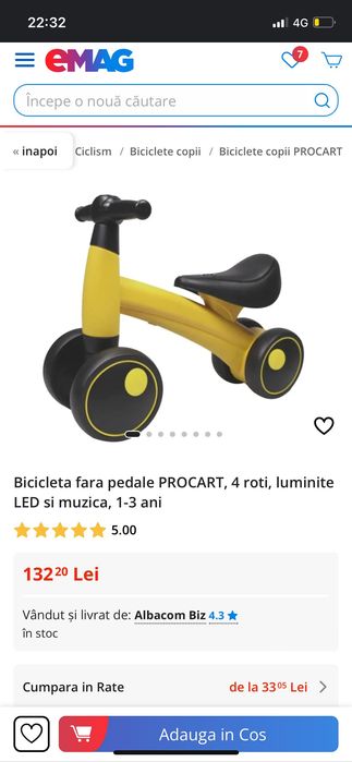 Bicicletă fără pedale cu lumini și sunete