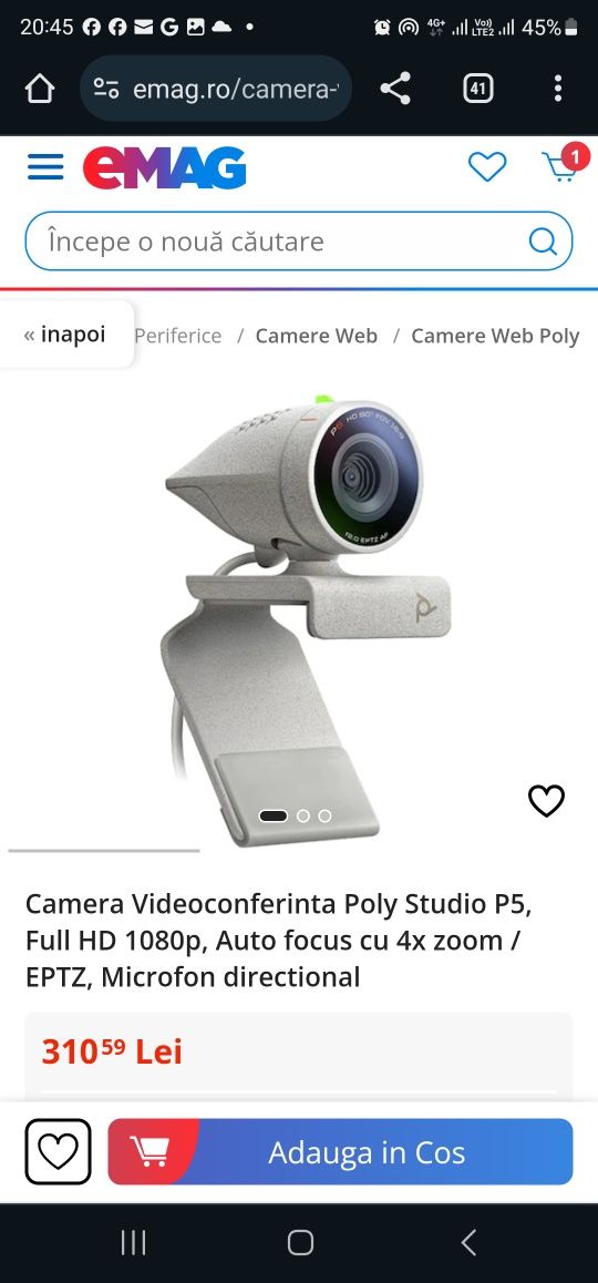 Camera Videoconferinta Poly Studio P5, Full HD 1080p, Auto focus cu 4x