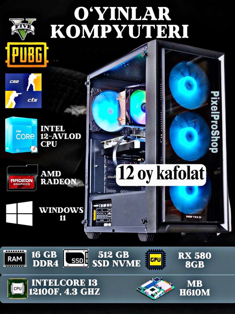GAMING kompyuter Intel core i3 12pakalena va RX 580 8GB