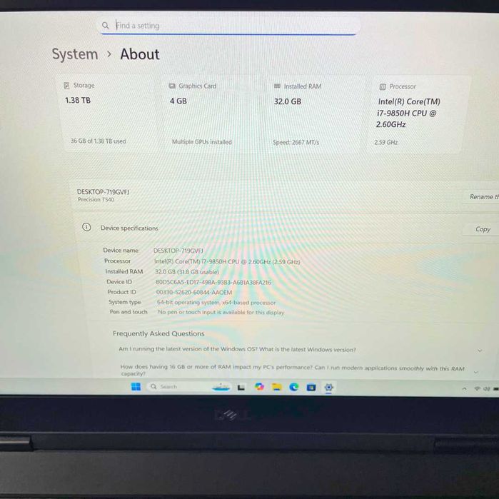 i7-9850H, 32GB RAM, Nvidia Dell Precision 7540, 512 NVMe + 1TB HDD
