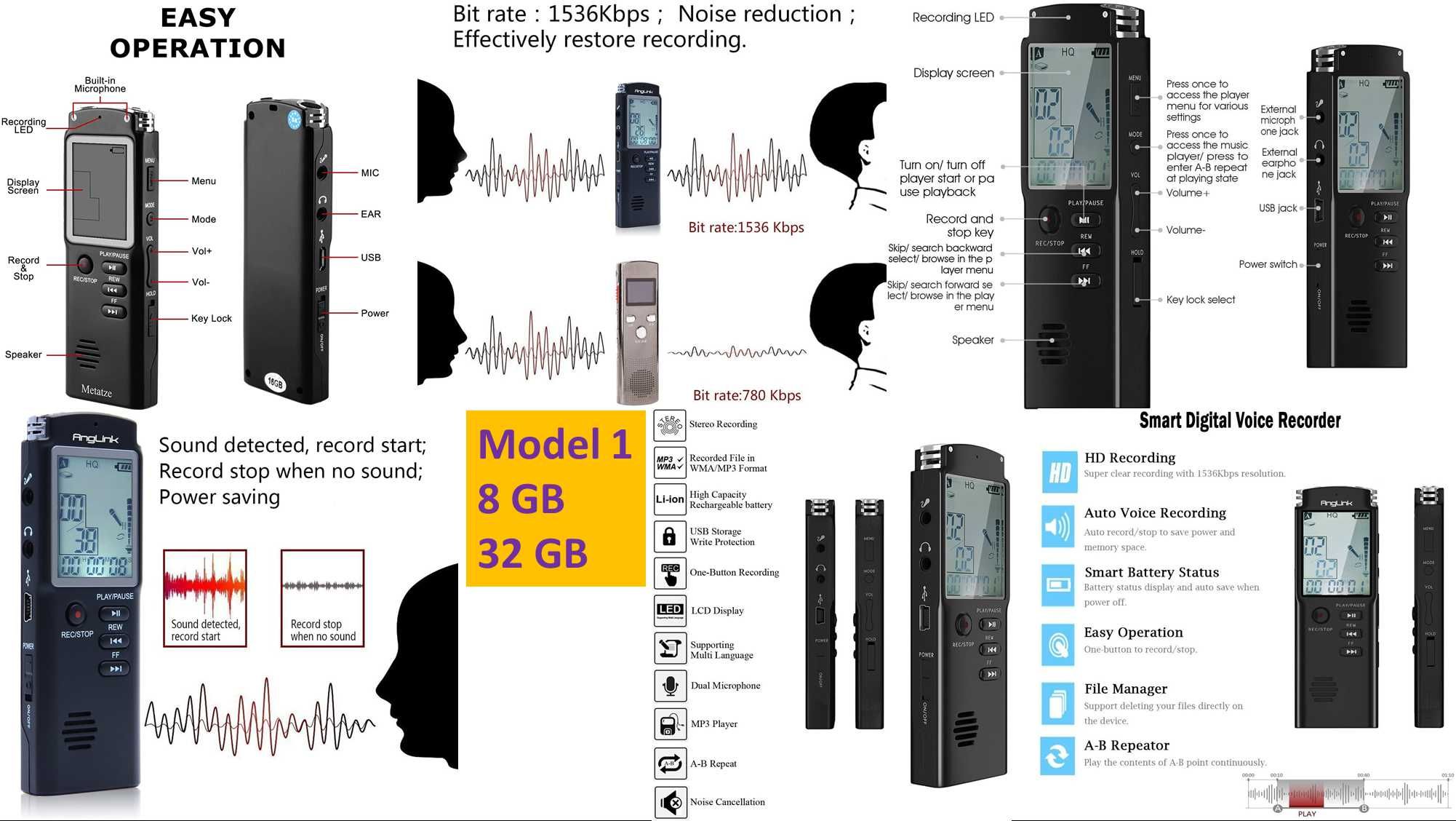 Reportofon digital Profesional 8 16 32GB Spionaj cu activare voce Nou