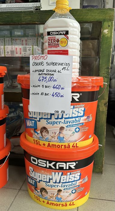 Vopsea lavabila Oskar Superweiss Mat 15L+Amorsa Oskar Zero Mucegai 4l