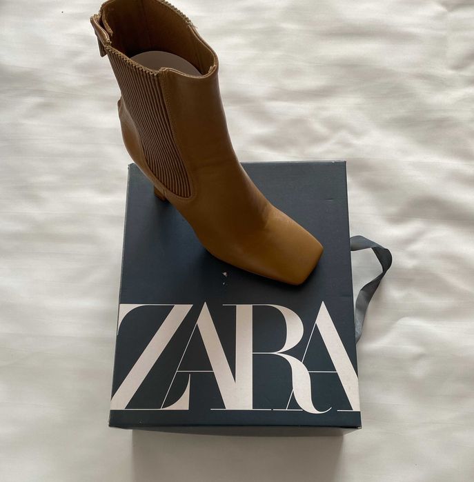 Botine Zara, piele naturala,  varf patrat, 38, noi