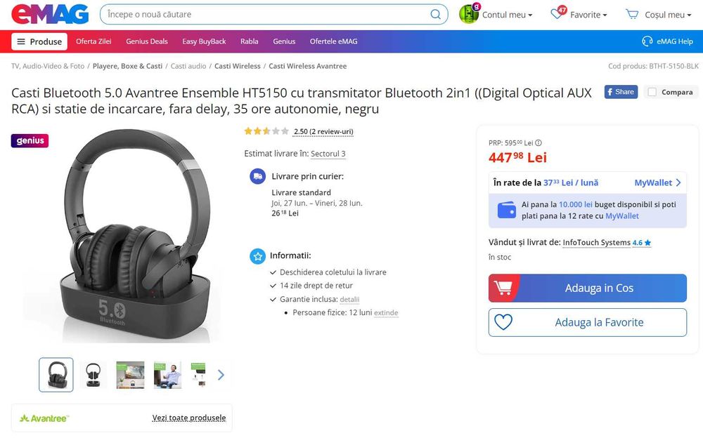 Casti Bluetooth 5.0 Avantree Ensemble HT5150