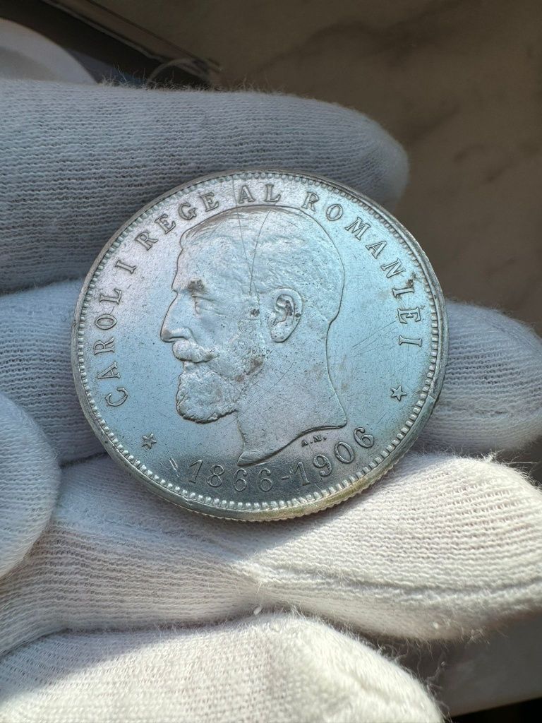 Moneda argint Carol I Rege Romania 5 lei 1906