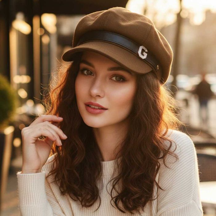 Елегантна дамска шапка тип фуражка с декоративна лента и метално лого