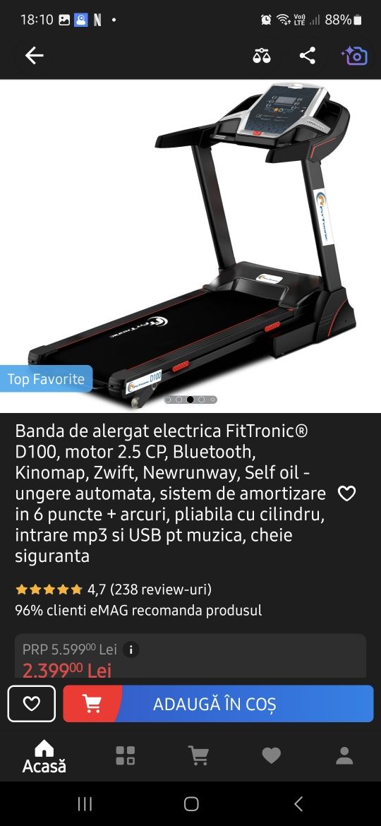 Banda de alergat electrica FFitTronic® D100, motor 2.5 CP, Bluetooth,