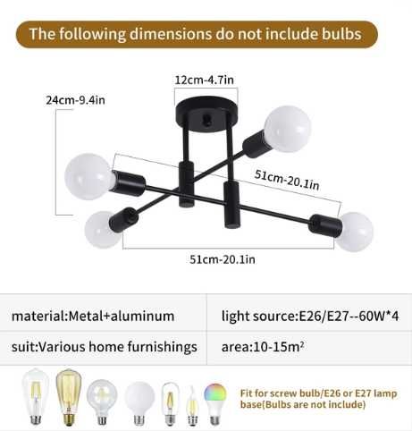 Lustra moderna, industriala, 4 becuri - neagra