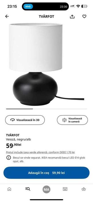 Lampă de masă – IKEA TVÄRFOT (Negru/Alb)