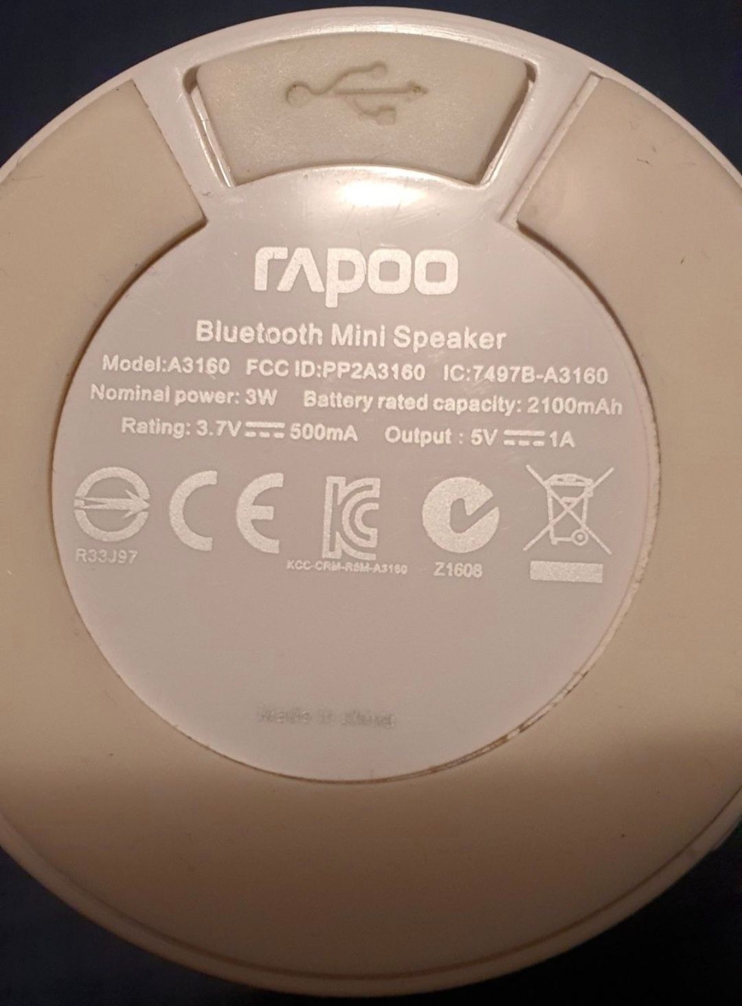 Boxa portabila Rapoo A3160 cu baterie externa Alb