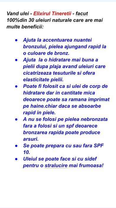 Vand ulei corp, bronzare  - Elixirul Tineretii - facut 100%din 30 ulei