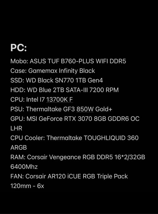 Vand PC Gaming/ Editare - i7 13700K F - 3070 8GB - 32GB DDR5