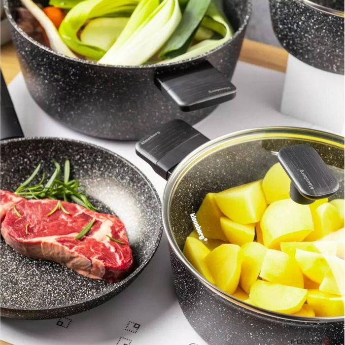 Set oale si tigai, 12 bucati, acoperit antiaderent, negru cu manere