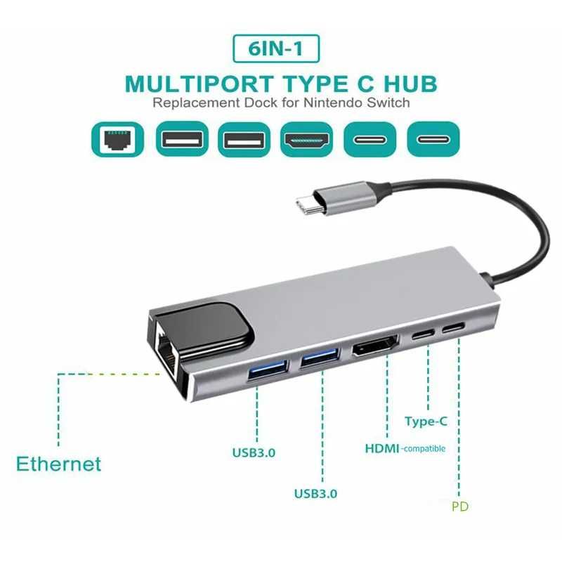 USB-C hub адаптер 4K Type-C 6 в 1 хаб+адаптер+док станция+переходник