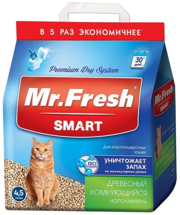 Комкующийся древесный наполнитель Mr. Fresh для короткошерстных кошек