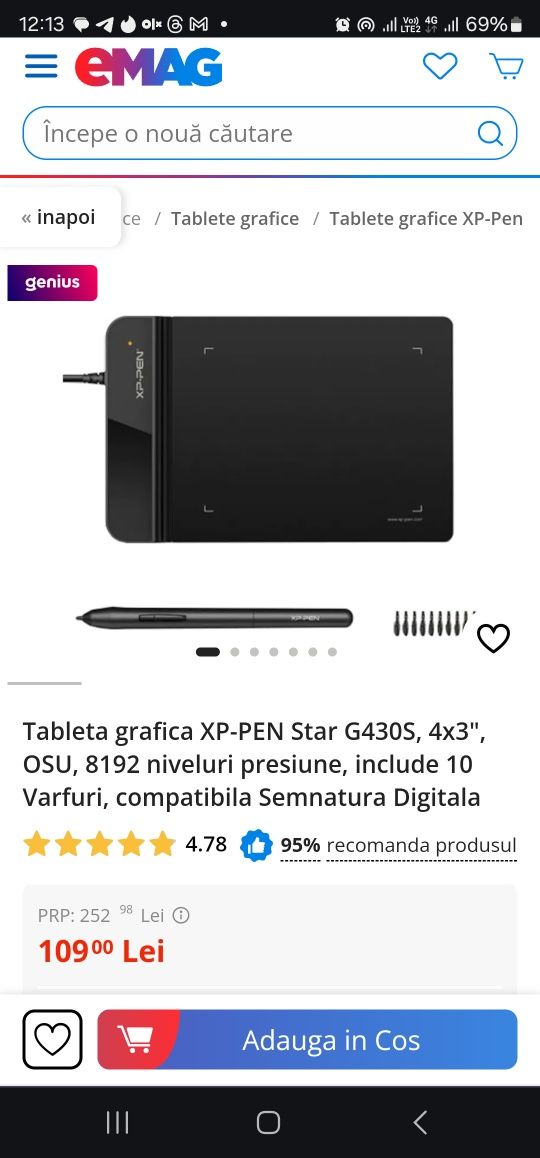 Tableta grafica XP-PEN Star G430S, 4x3", OSU, 8192 niveluri presiune,