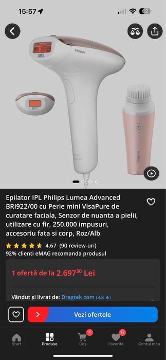 Epilator IPL Philips Lumea Advanced BRI922/00 cu Perie mini VisaPure