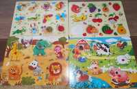 Puzzle-uri din lemn cu animale domestice si salbatice, fructe, leg