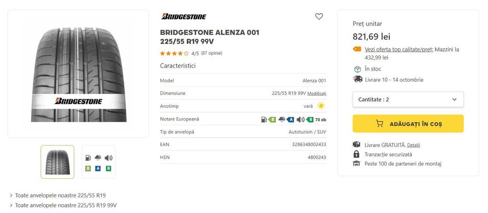 Set anvelope vară Bridgestone Alenza 225/55 R19 99V ca noi! Dot 4224