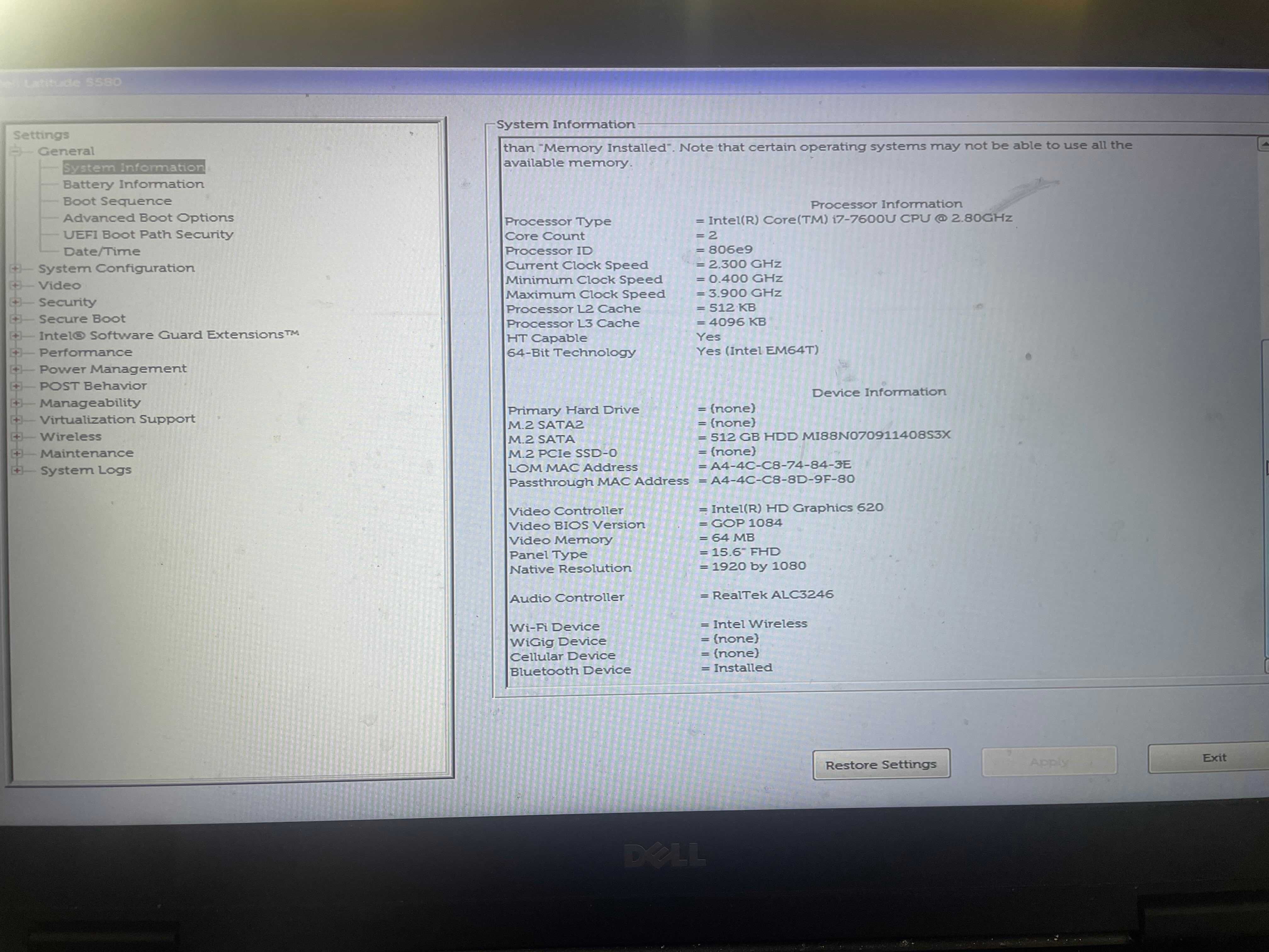 Dell Latitude 5580 i7 16 RAM DDR4 512 SSD