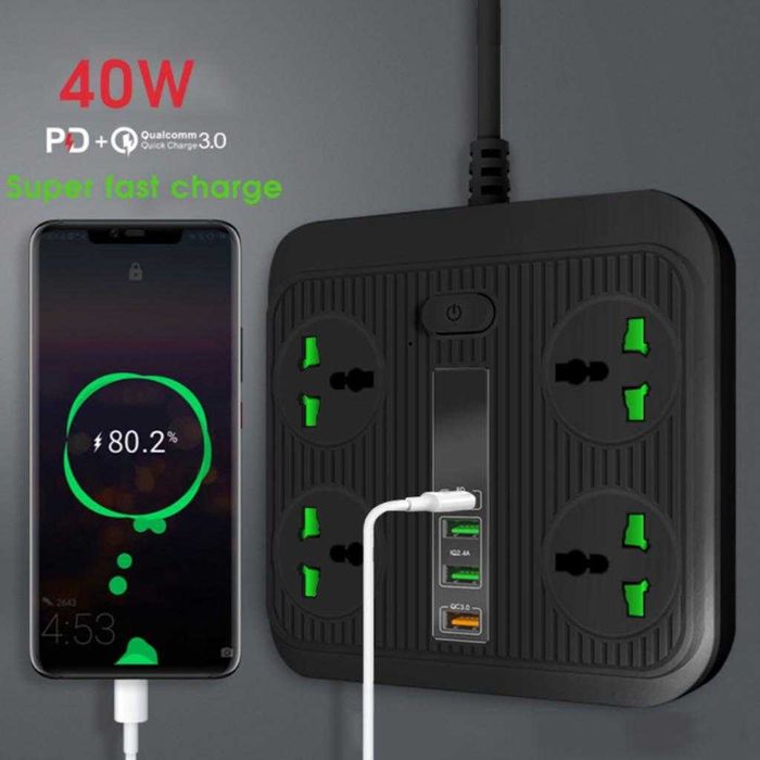 Prelungitor 40W 16A cu 4 prize si 3 x USB + USB-C QC3.0 fast charge 2m
