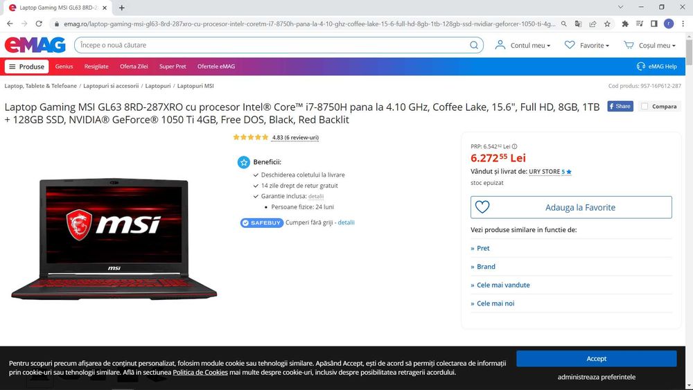 laptop gaming MSI ,intel core i7-8750H (hexa core) ,video Nvidia GTX