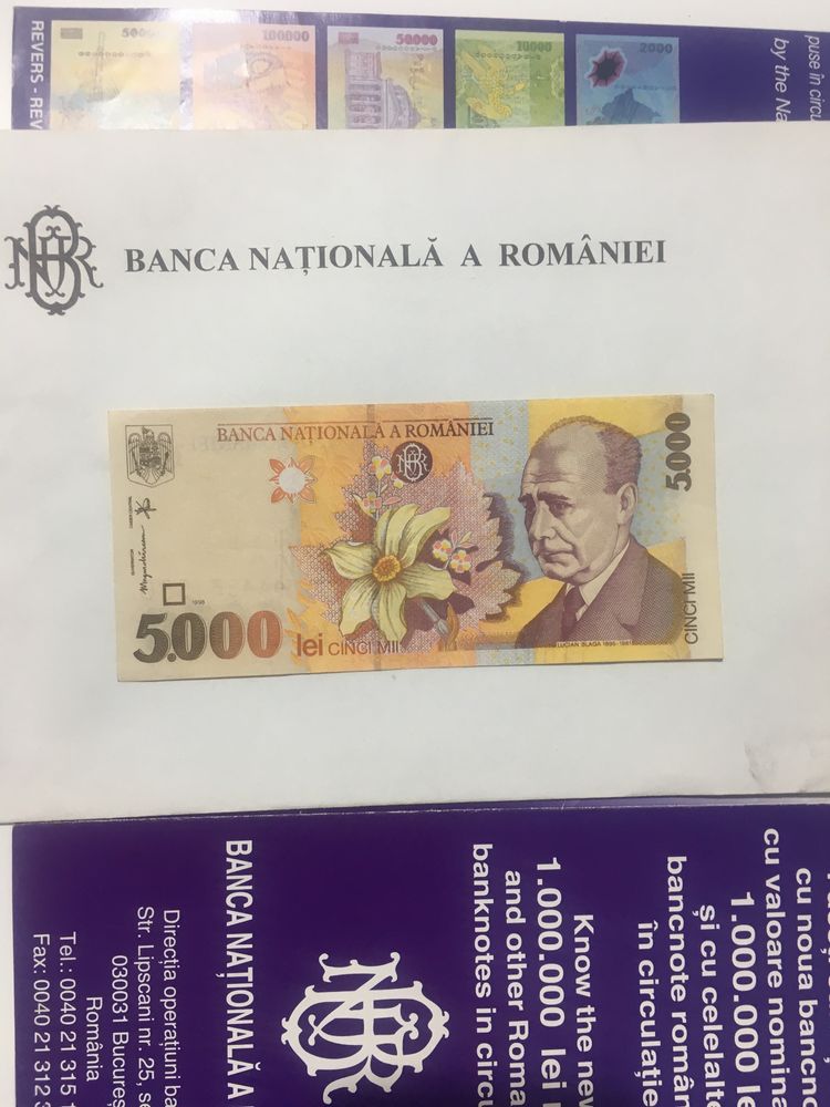 Bancnota 5000 Lei Lucian Blaga serie A noua necirculata si 1000 Lei