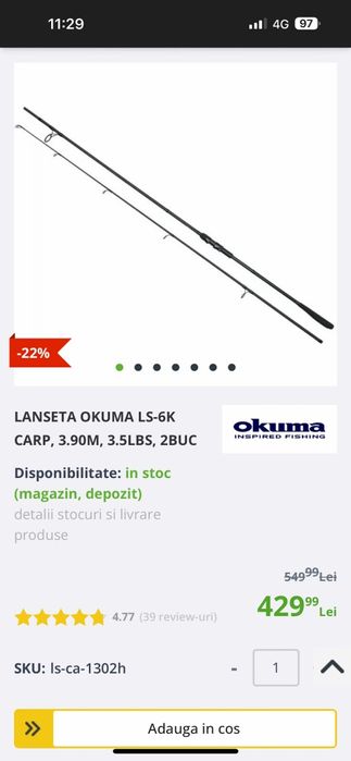 Set 4 lansete okuma ls 6k de 3.90m 3,5lb 2tronsoane