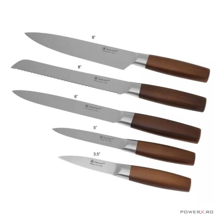 Set cutite din oțel inoxidabil, 6 piese, suport lemn cu placa