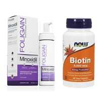 Spuma - Minoxidil Foligain 2%, 3 Luni Aplicare, Now Biotin 5000 mcg