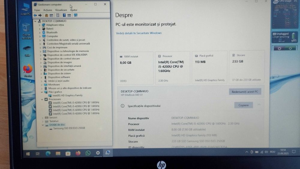 HP Elitebook 840, 14'' Core I5, 8GB RAM, SSD 250GB, baterie 4 ore