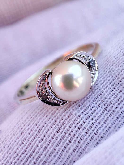 (REZ) Inel Aur 14K Cu Diamante Si Perla Naturala Apa Dulce