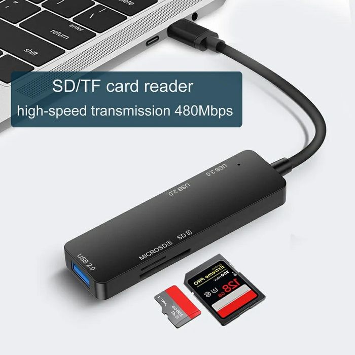 Четец на карти USB C ХЪБ 5 в 1 за мобилен телефон и компютър с SD, TF