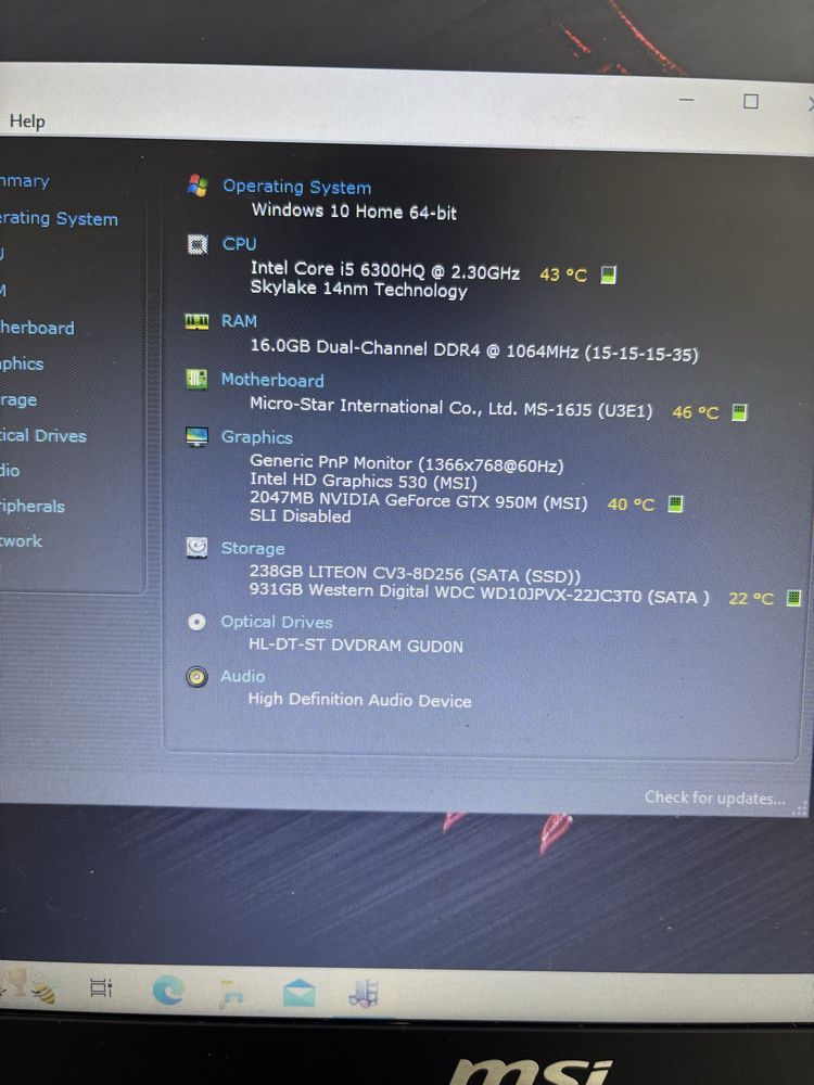 Msi Leopard Pro Gaming• i5-6300HQ•Nvidia nu GTX 950•16gb ram ddr4