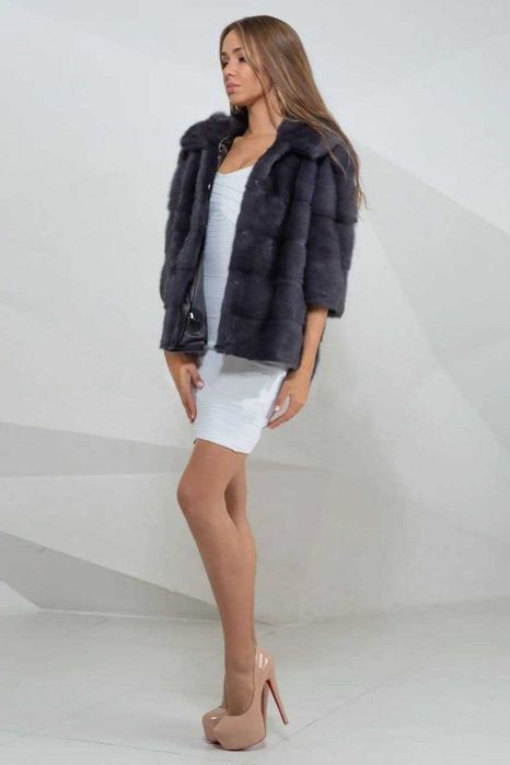 Haina blana vizon , Haină blană nurcă cu glugă, gri , 4 in 1 , m.M-XL