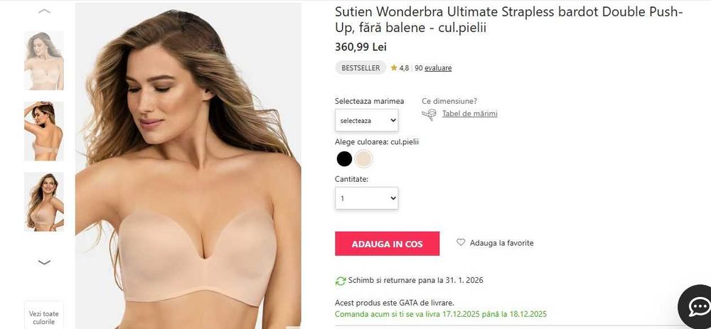 Sutien Wonderbra Double Push-Up culoarea pielii 70B