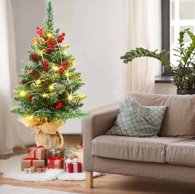 Brad artificial 40 cm, Lumini LED și 12 Globuri Roșii & Aurii