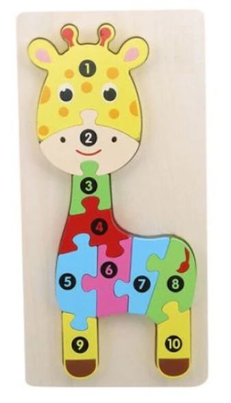 Puzzle lemn 3D Montessori, Girafa cu cifre, 10 piese