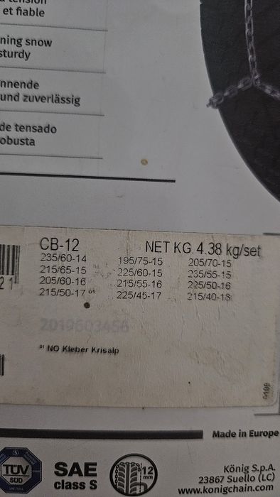 Lanțuri zăpadă Konig CB12 095, pt 225/45/17, 205/60/16, 215/55/16, etc