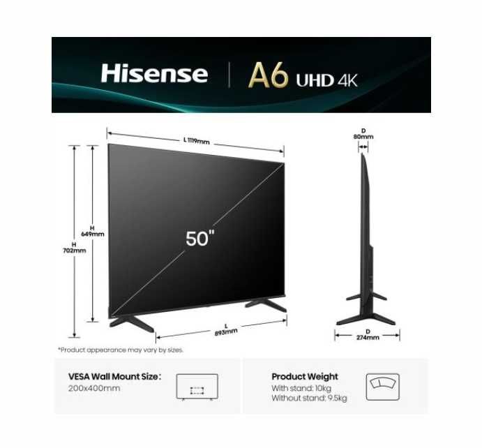 Нов телевизор Hisense 50" A6Q, 4K Ultra HD 3840x2160, DLED,