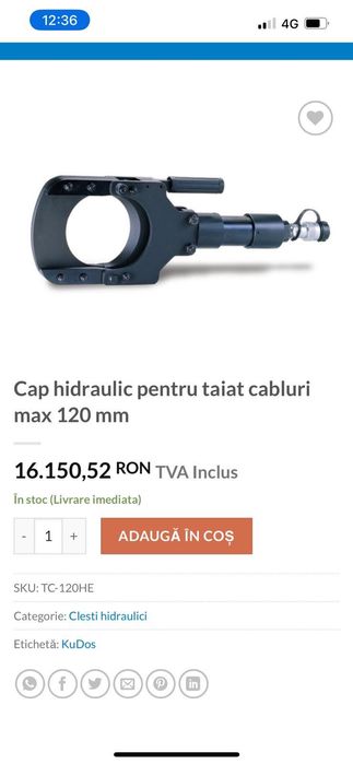 cap de tăiere hidraulic pentru cabluri, modelul Cembre TC120.
